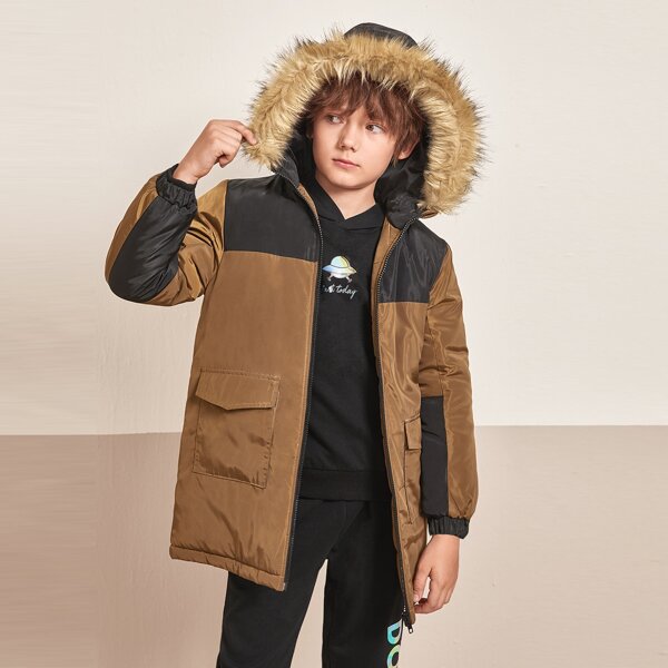 

Boys Zip Up Faux Fur Hooded Padded Coat, Brown