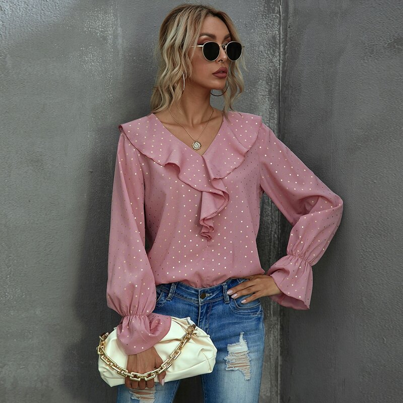 

Gilding Polka Dot Ruffle Trim Blouse, Baby pink