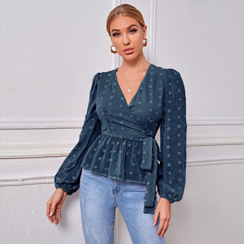 Wrap Tie Side Appliques Peplum Blouse, Dusty blue