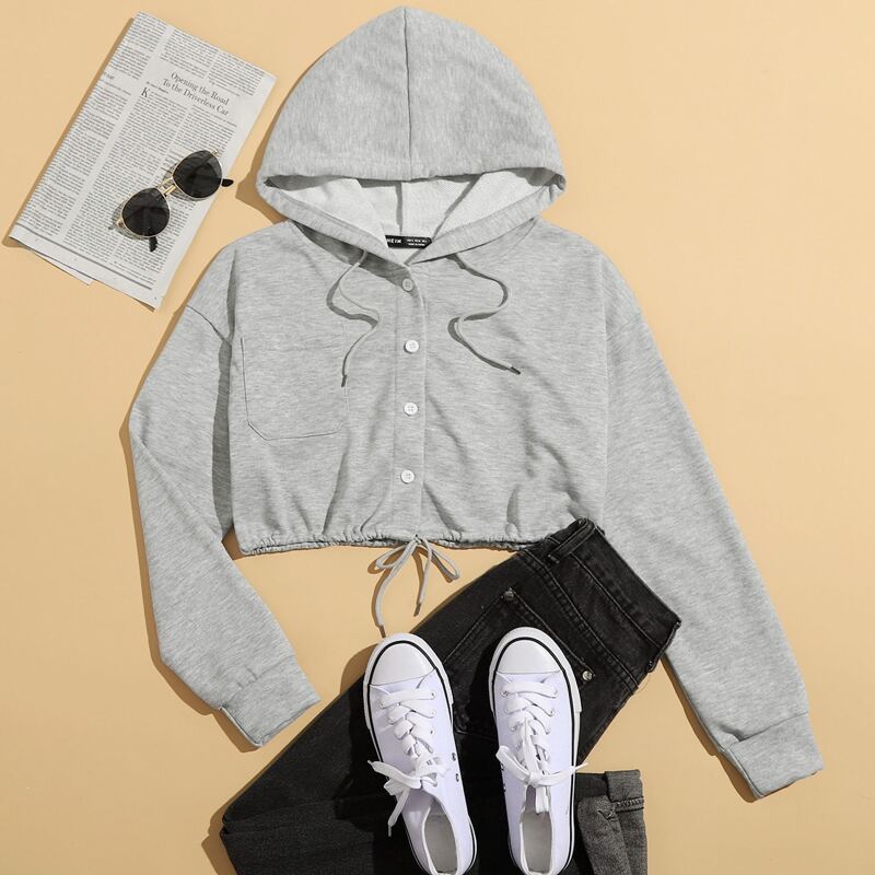 

Patch Pocket Drawstring Button Front Hoodie, Light grey