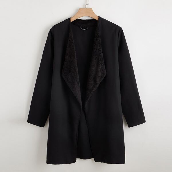 

Plus Solid Waterfall Collar Open Front Coat, Black