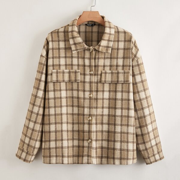 

Plus Plaid Button Up Tweed Jacket, Khaki