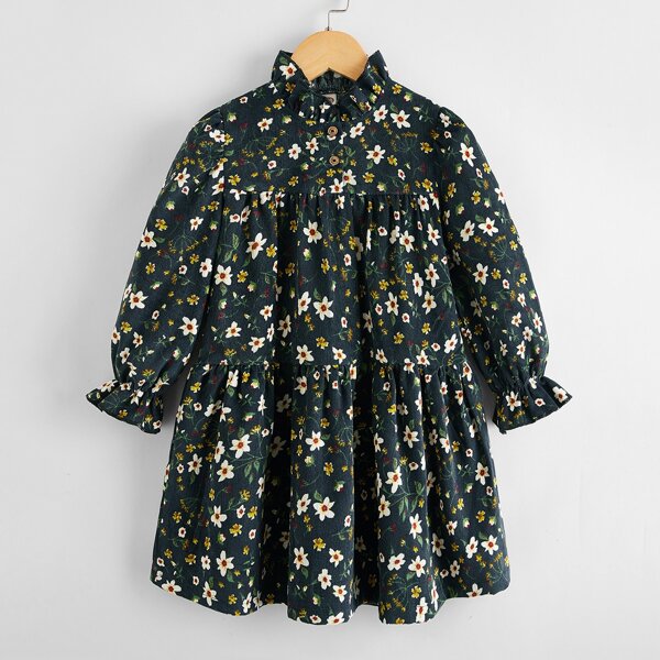 

Toddler Girls Frill Neck Ditsy Floral Corduroy Dress, Dark green
