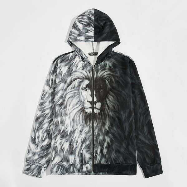 

Men Zipper Front Lion Print Jacket, Black and white