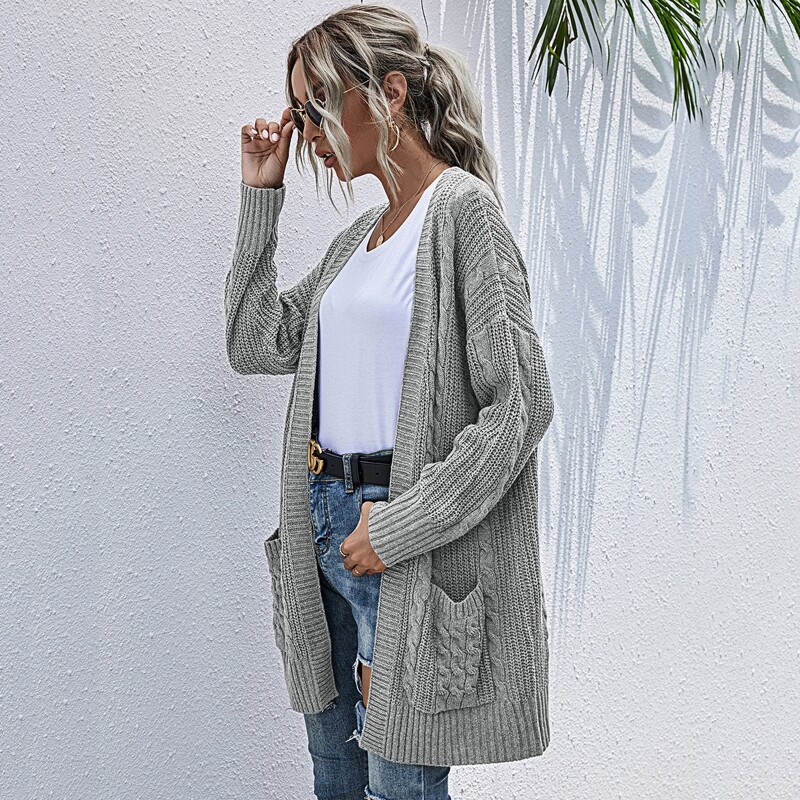 

Pocket Patched Cable Knit Cardigan, Grey