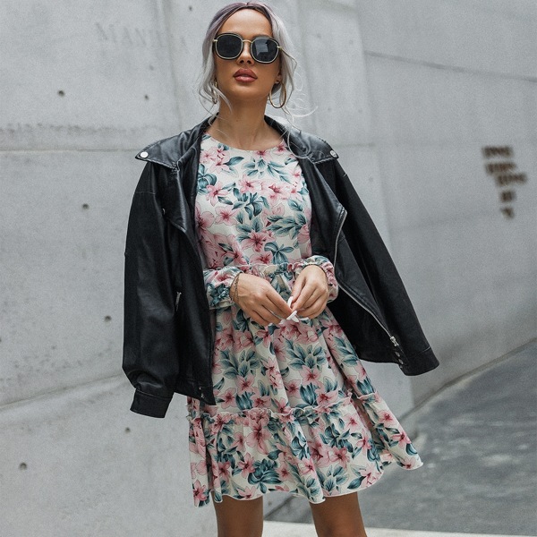 

Keyhole Back Frill Trim Floral Dress, Multicolor