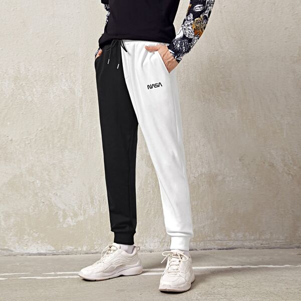 

Men Letter Embroidered Colorblock Joggers, Black and white