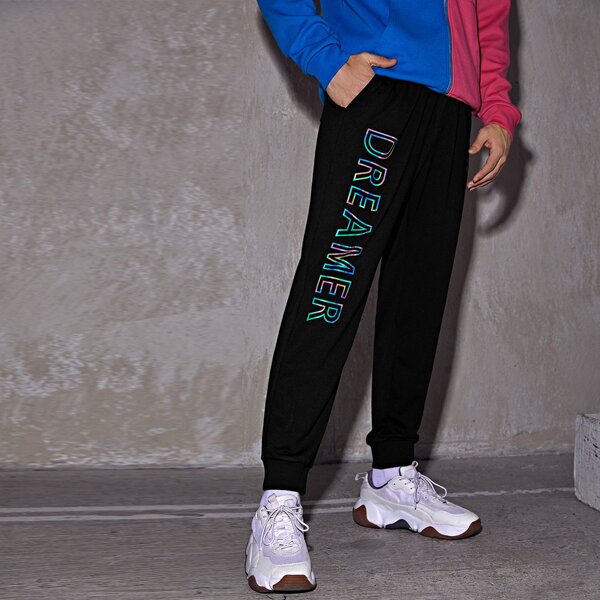 

Men Reflective Letter Graphic Sweatpants, Black