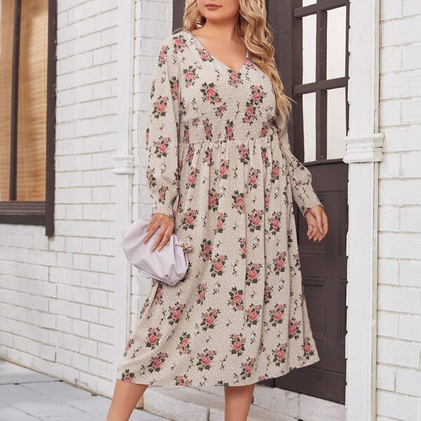 

Plus Allover Floral Print Shirred Waist Dress, Multicolor