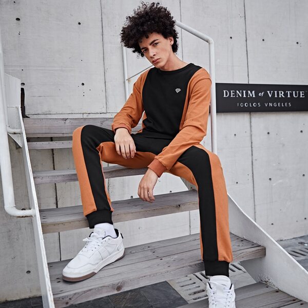 

Men Geo Print Colorblock Pullover & Joggers Set, Multicolor
