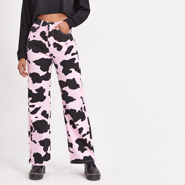 

High Waist Cow Print Straight Leg Jeans, Multicolor