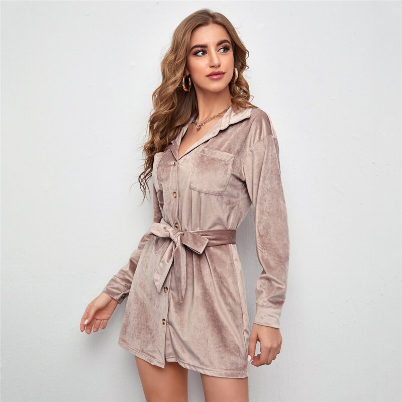 

Patch Pocket Button Front Belted Velvet Dress, Khaki
