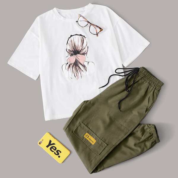 

Figure Graphic Tee With Knot Front Cargo Pants, Multicolor