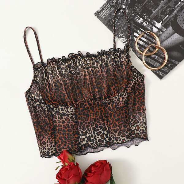 

Plus Leopard Ruched Bust Lettuce Trim Crop Cami Top, Multicolor