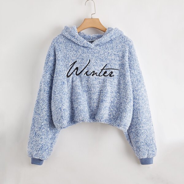 

Plus Letter Embroidery Teddy Hoodie, Baby blue