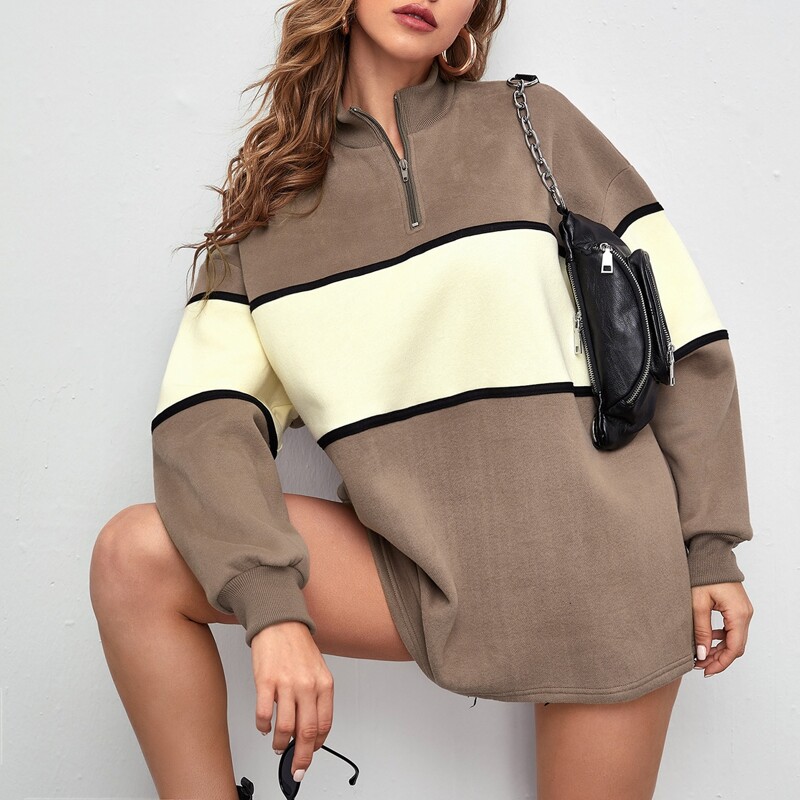 

Half Zip Drop Shoulder Colorblock Sweatshirt, Mocha brown