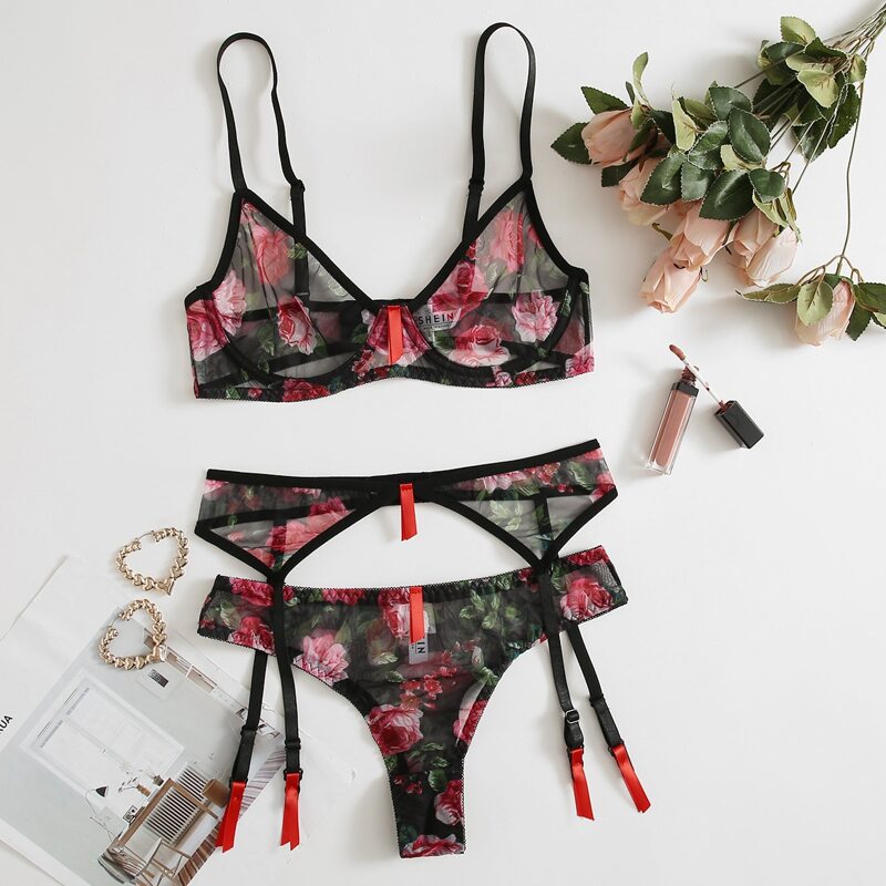 

Floral Print Mesh Underwire Garter Lingerie Set, Multicolor