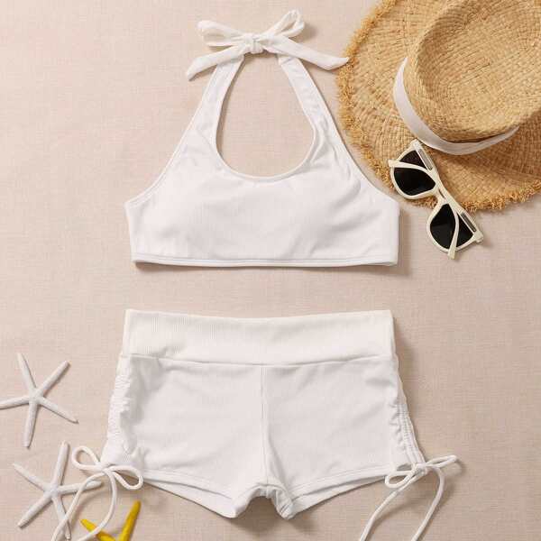 

Rib Tie Side Shorts Bikini Swimsuit, White