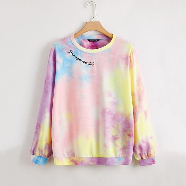 

Plus Letter Embroidered Tie Dye Pullover, Multicolor