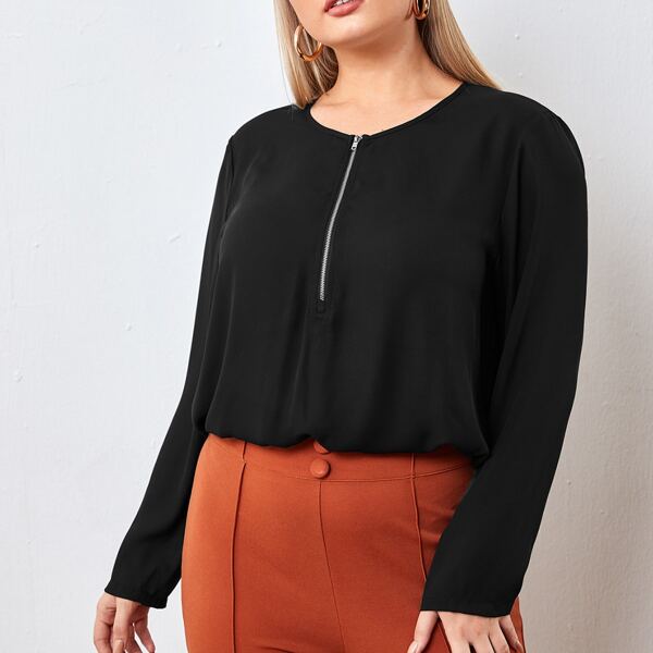 

Plus Zipper Half Placket Top, Black