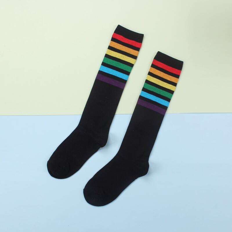 

Rainbow Striped Over Calf Socks, Black