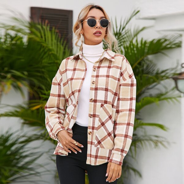 

Plaid Curved Hem Button Up Overcoat, Multicolor