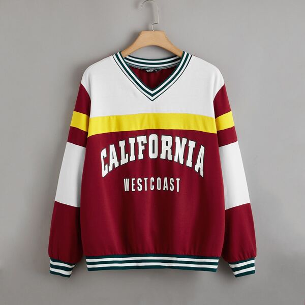 

Plus Striped Trim Letter Graphic Colorblock Pullover, Red and white