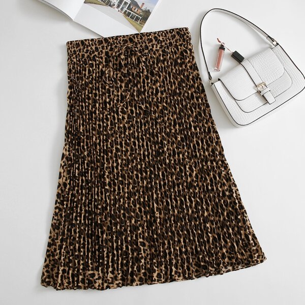 

Plus Drawstring Waist Leopard Pleated Skirt, Multicolor