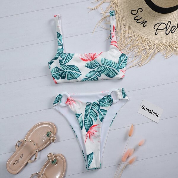 

Floral & Tropical Ring Linked Bikini Swimsuit, Multicolor