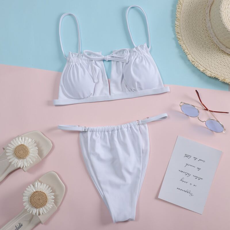 

Tie Front Frill Thong Bikini Swimsuit, White