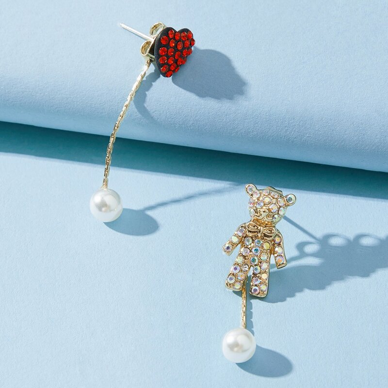 

Rhinestone Bear & Heart Drop Earrings, Gold