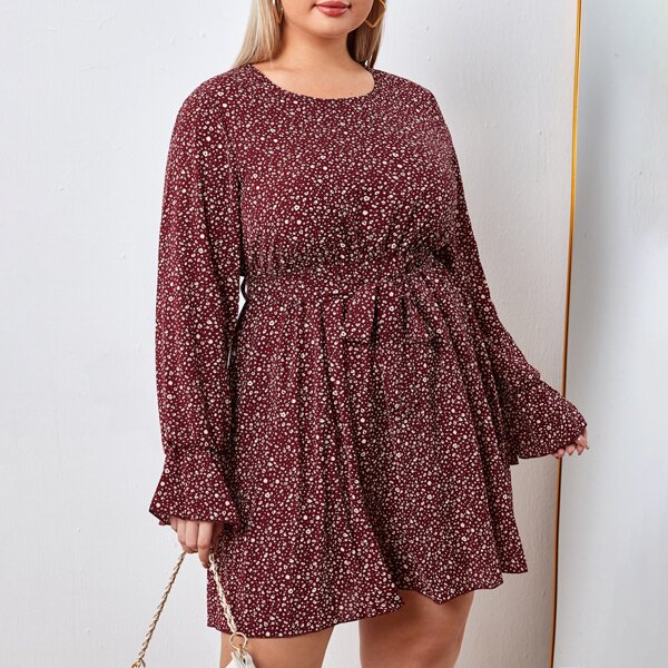 

Plus All Over Print Flounce Sleeve Belted Dress, Maroon