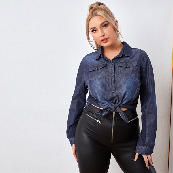 

Plus Button Through Denim Top, Dark wash