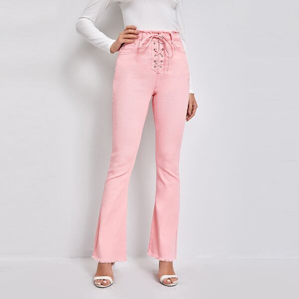 

High Waist Lace Up Flare Leg Jeans, Pastel baby pink