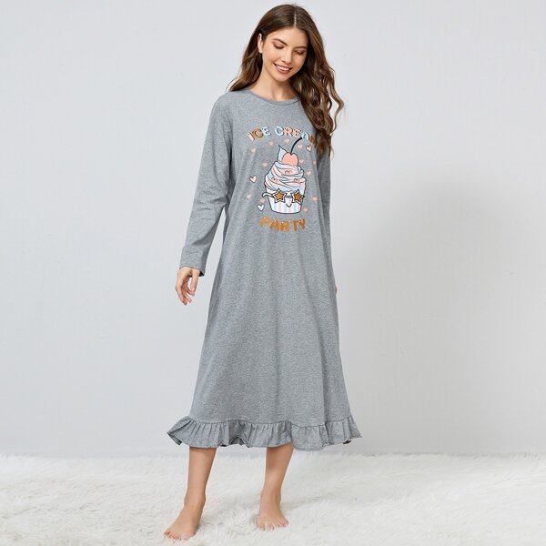 

Letter and Cartoon Graphic Flounce Hem Nightdress, Grey