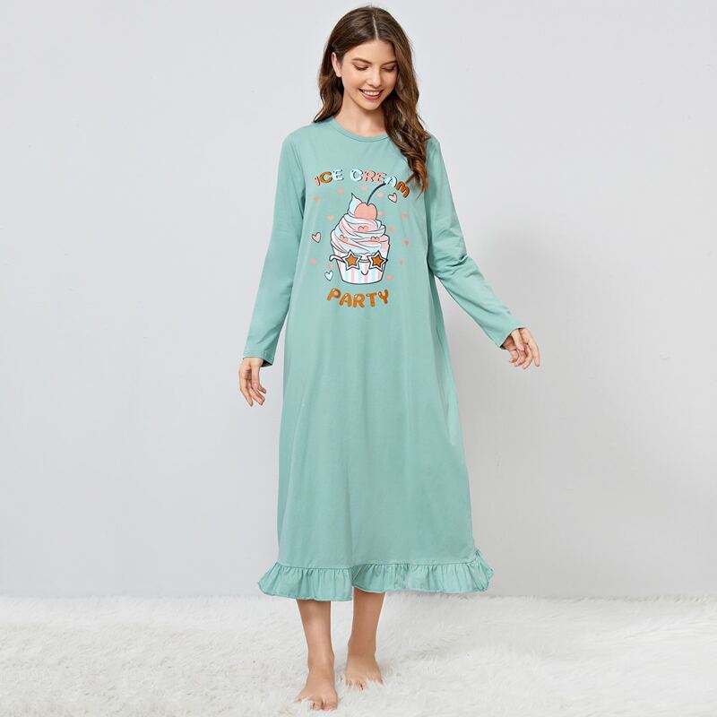 

Letter and Cartoon Graphic Flounce Hem Nightdress, Mint green