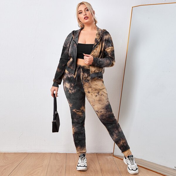 

Plus Tie Dye O-ring Zip Up Hoodie and Joggers Set, Multicolor