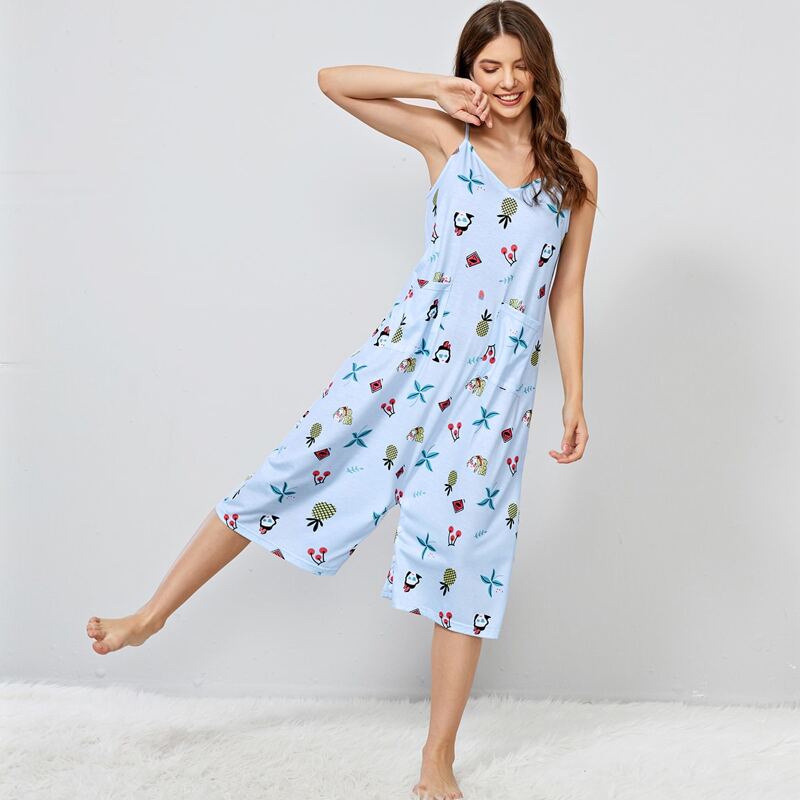 

Figure Graphic Patch Pocket Sleep Slip Jumpsuit, Baby blue