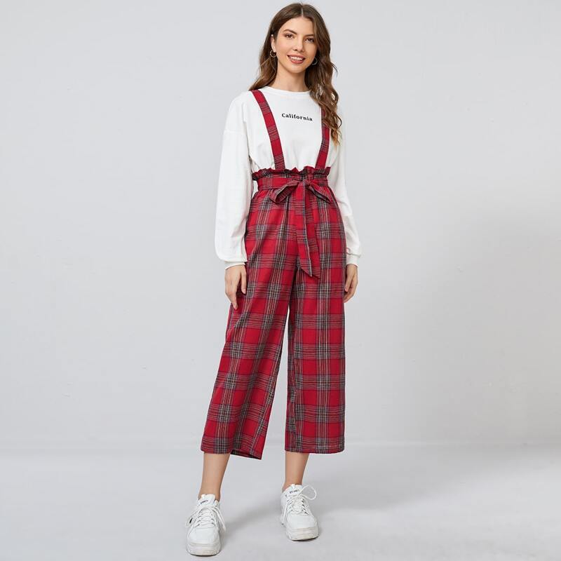 

Paperbag Waist Tartan Pinafore Jumpsuit, Multicolor