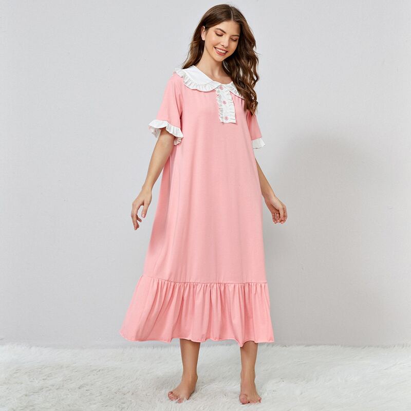 

Frill Trim Peter Pan Collar Ruffle Hem Nightdress, Pink pastel