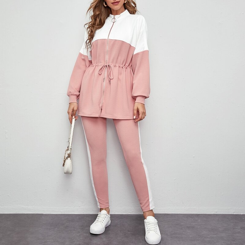 

O-ring Zip Up Drawstring Waist Colorblock Top & Leggings Set, Dusty pink