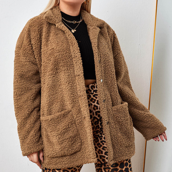 

Plus Drop Shoulder Pocket Patched Open Front Teddy Coat, Mocha brown