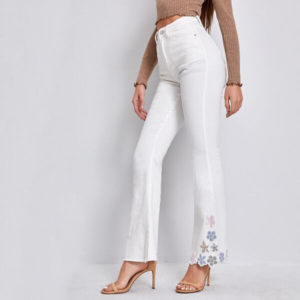 

High Waist Embroidered Flower Flare Leg Jeans, White