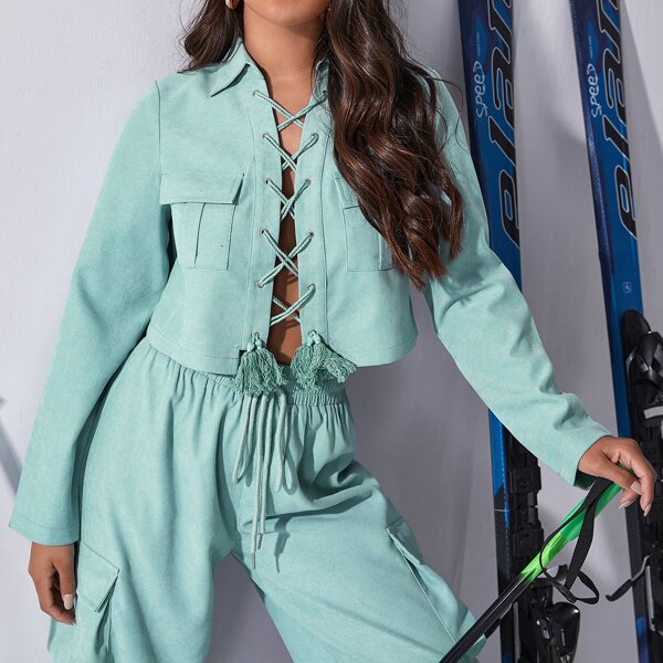 

Lace Up Front Flap Pocket Top, Mint blue