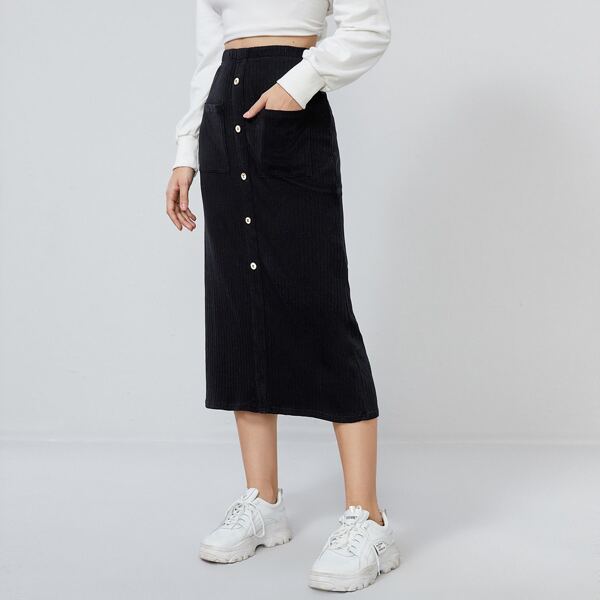 

Button Front Rib-knit Skirt, Black