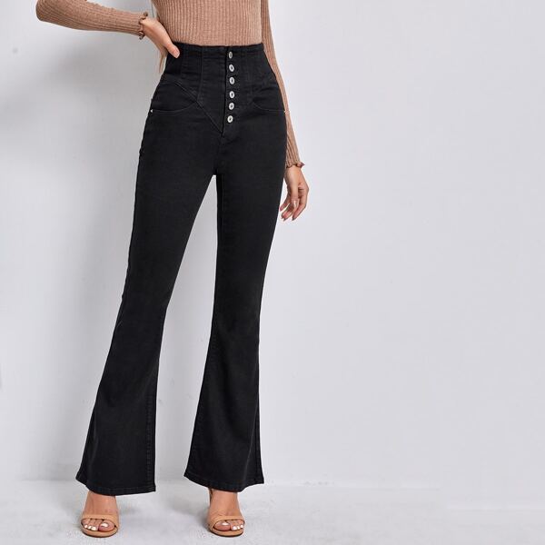 

High Waist Buttoned Flare Leg Jeans, Black