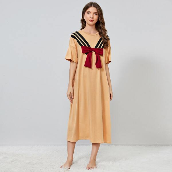 

Drop Shoulder Bow Detail Striped Nightdress, Apricot