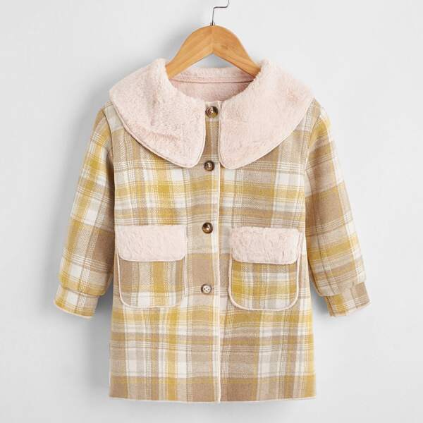 

Toddler Girls Teddy Lined Plaid Print Single Breasted Overcoat, Multicolor