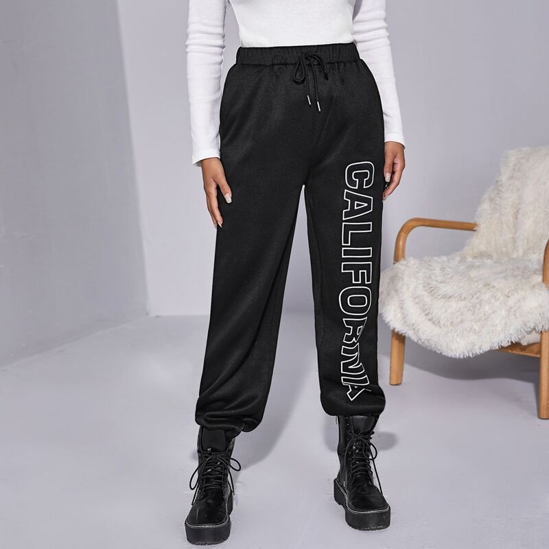 

Letter Graphic Drawstring Waist Sweatpants, Black