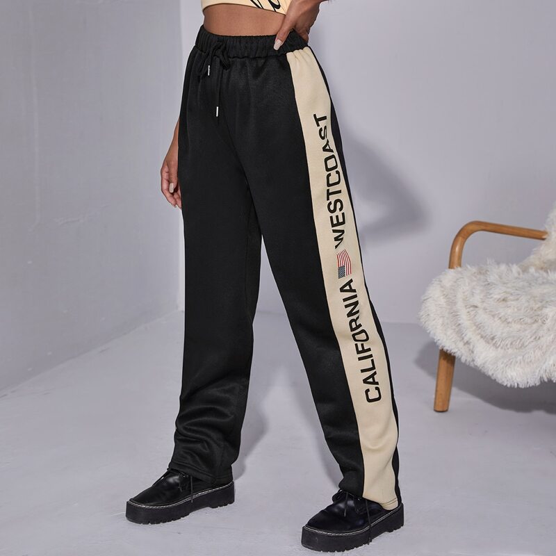 

Letter Graphic Color Block Drawstring Sweatpants, Black